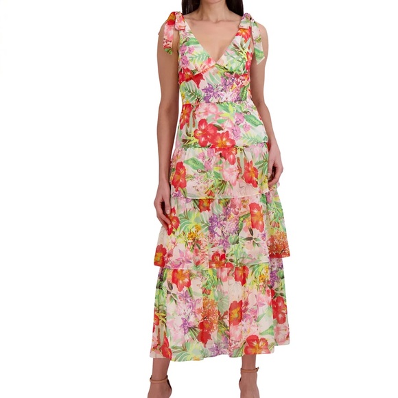 Julia Jordan Floral Tie Strap Tiered Dress Size 2 Women Wedding Guest Feminine - Picture 1 of 12
